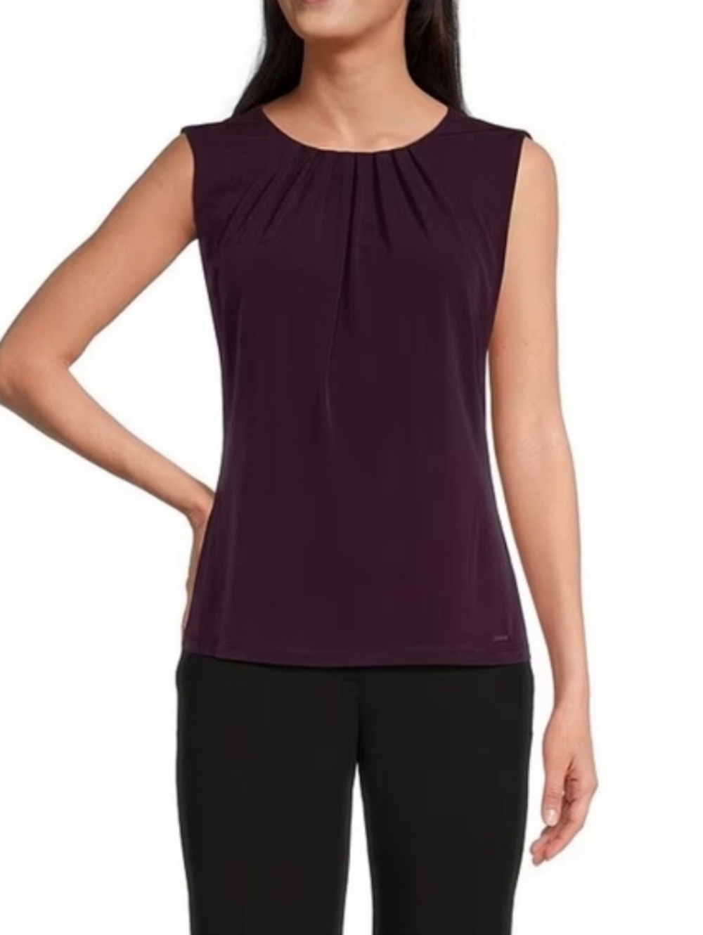 Calvin Klein Printed Pleat-Neck Blouse Purple Size Extra Small Keyhole Cutout
